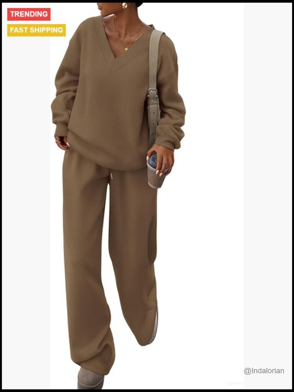 Long Sleeve V Neck Sweatshirt Wide Leg Pants Two Piece Set